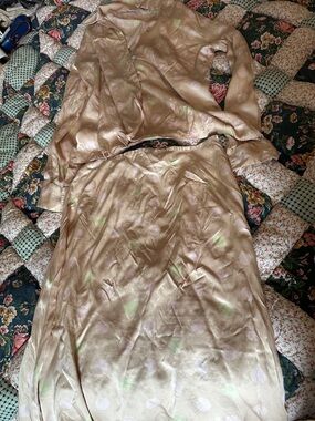 C—Silk Two-Piece Blouse(14US) and Skirt(12US) Champagne with Pastel Polka Dots